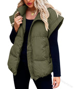Cotton Padded Puffer Vest Stand Collar Zipper Pockets Sleeveless