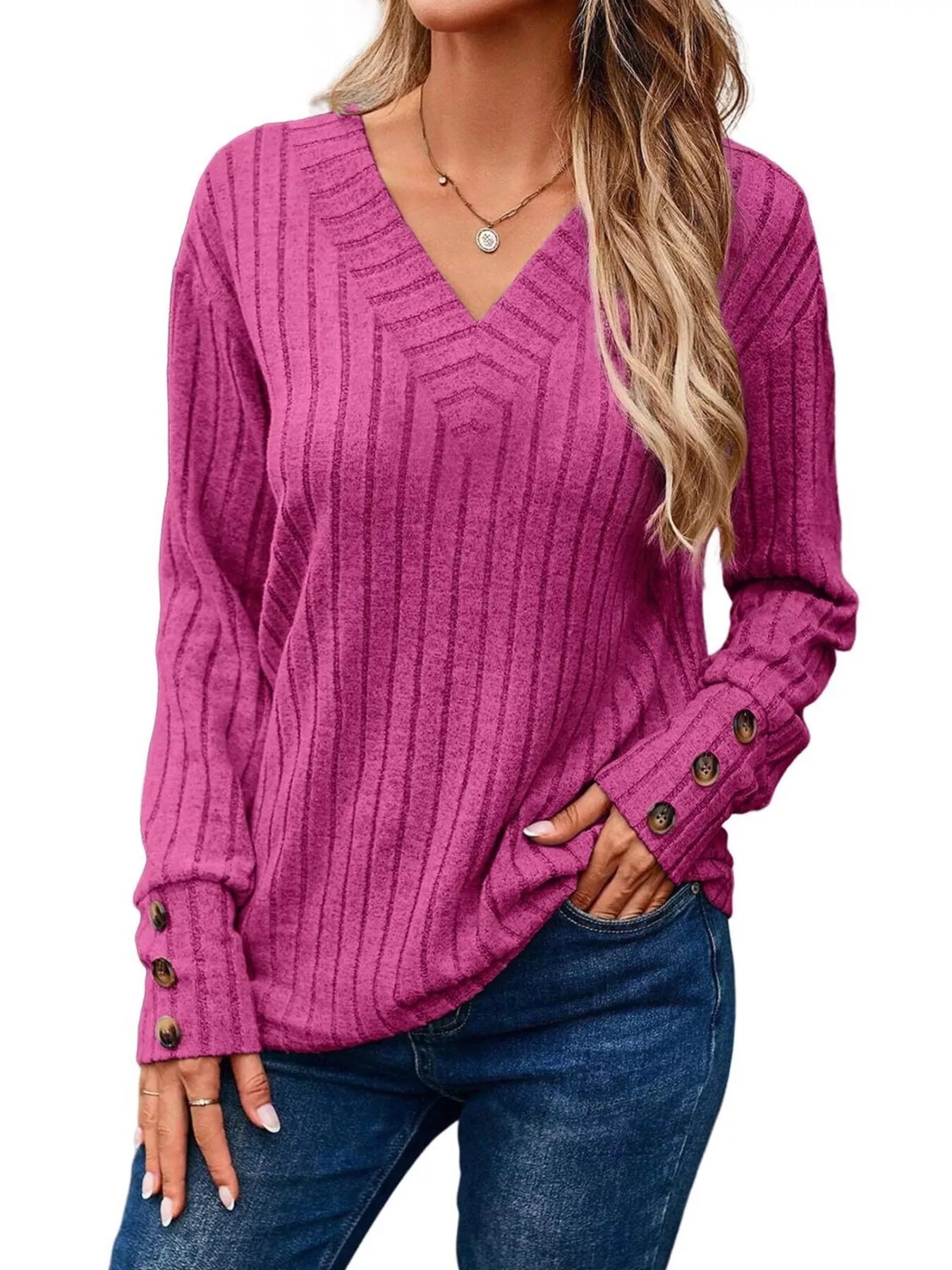 Sarah Express Women's Ribbed V-Neck Long Sleeve Top Fuchsia Pink