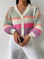 Sarah Express Women's Rainbow Striped Cropped Cardigan with Balloon Sleeves