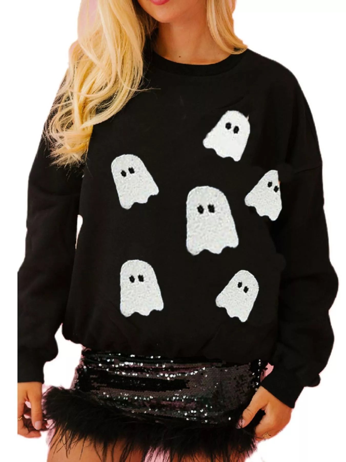 Sarah Express Women's Halloween Sequin Round Neck Sweatshirt Black Multiple Ghosts