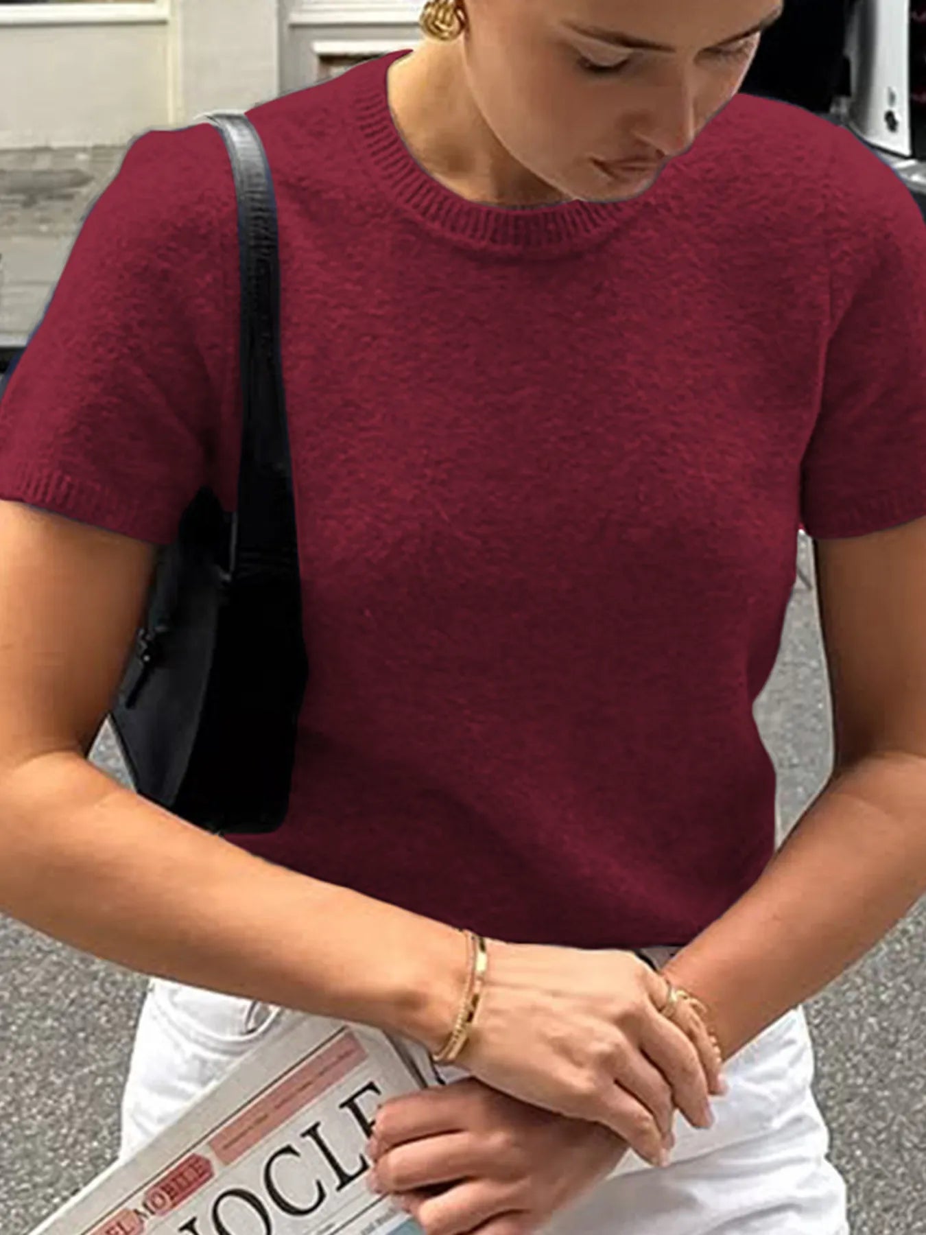 Sarah Express Women's Round Neck Short Sleeve Sweater