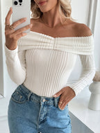 Sarah Express Women's Off-Shoulder Ribbed Knit Top - Stretchy Long Sleeve Sweater