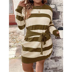 Women's Plus Size Striped Knit Dress - Long Sleeve Midi Length