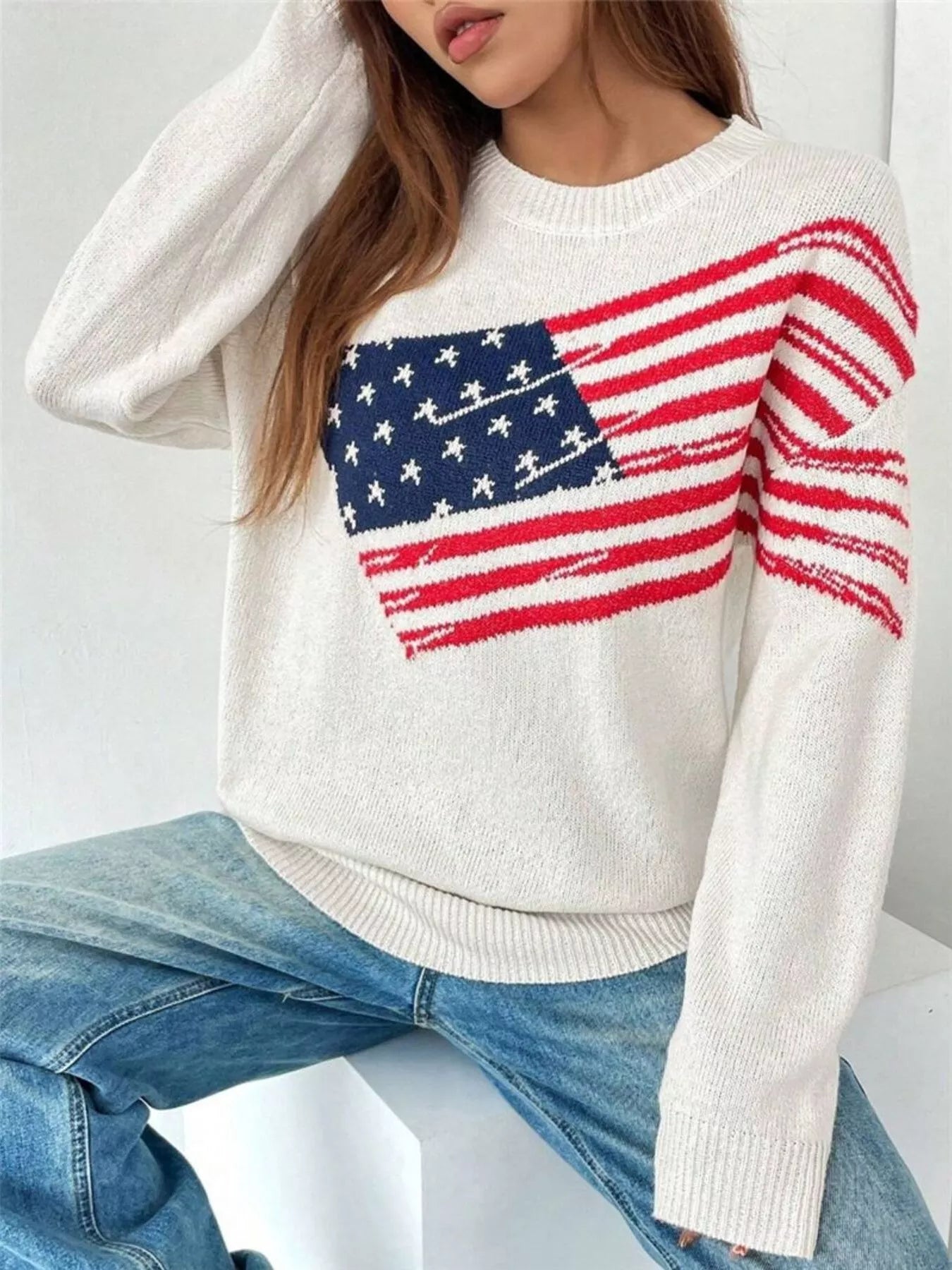 Sarah Express Women's US Flag Round Neck Long Sleeve Sweater