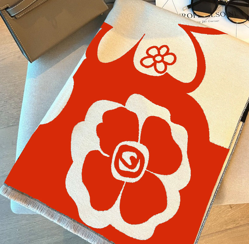 Women's Camellia Jacquard Scarf Imitation Cashmere Black Beige Elegant Winter Wrap