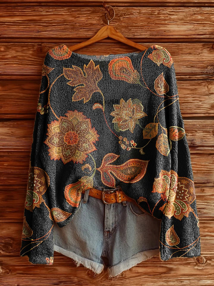 Women's Floral Printed Long Sleeve Pullover Top Brushed Loose Fit