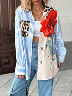 Sarah Express Women's Leopard Floral Striped Casual Button-Up Shirt