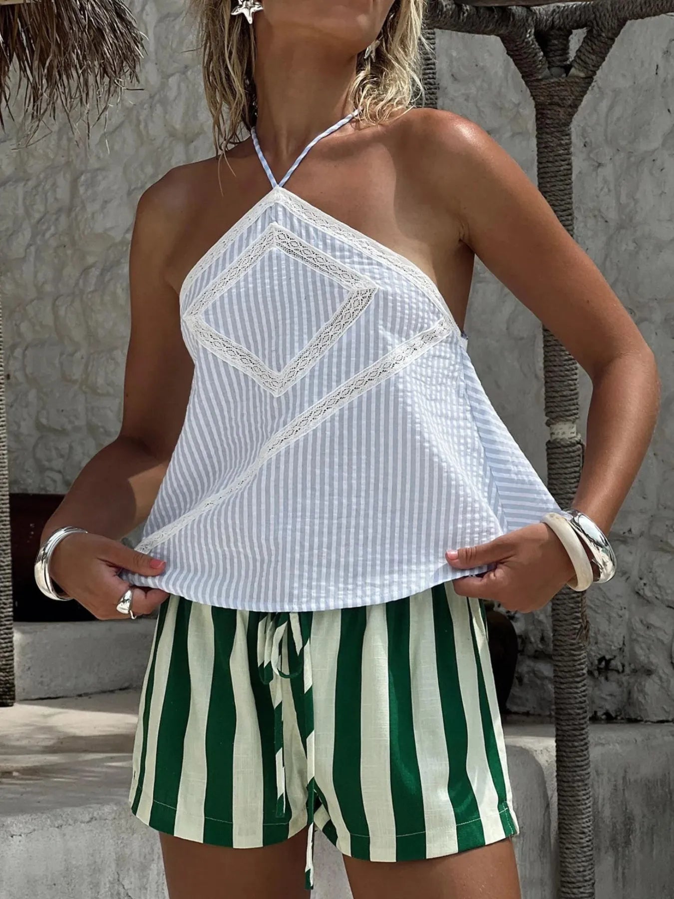 Sarah Express Women's Striped Halter Neck Cami Light Blue