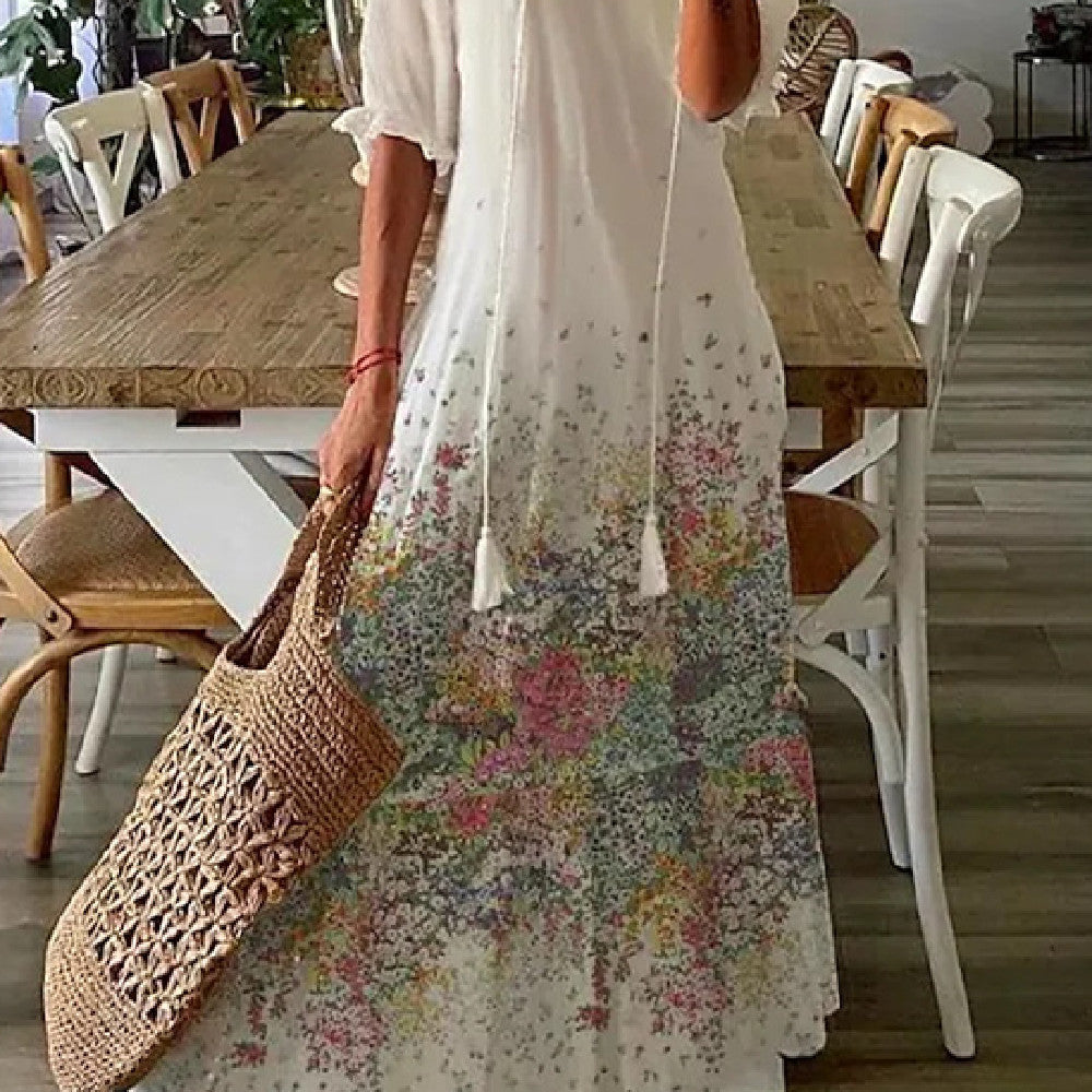 Women's Floral Print V-Neck Maxi Dress Short Sleeve A-Line Pullover
