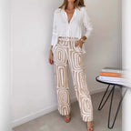 Women's 2-Piece Suit Set Lapel Shirt Wide Leg Pants Printed