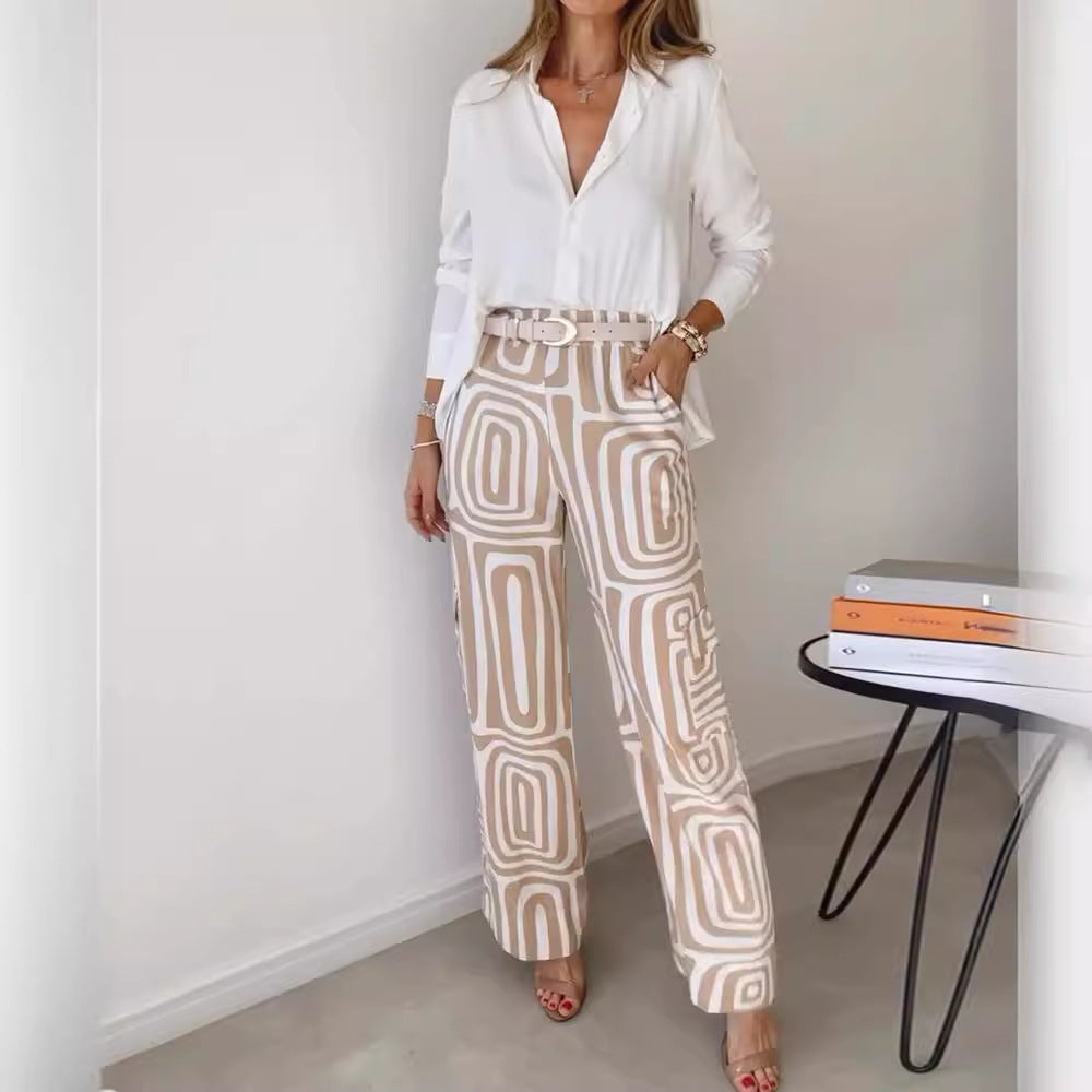 Women's 2-Piece Suit Set Lapel Shirt Wide Leg Pants Printed