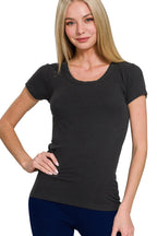 Sarah Express Women's Ribbed Short Sleeve T-Shirt | Round Neck | Rayon Spandex | S-L