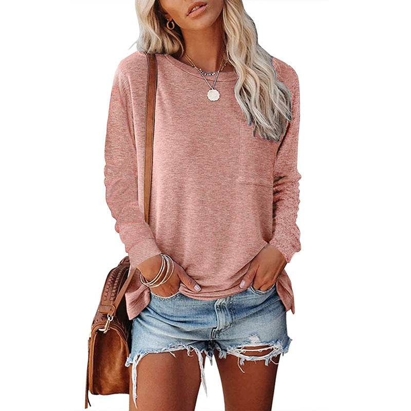 Women's Long Sleeve Pocket T-Shirt Split Hem Casual Cotton Blend Top