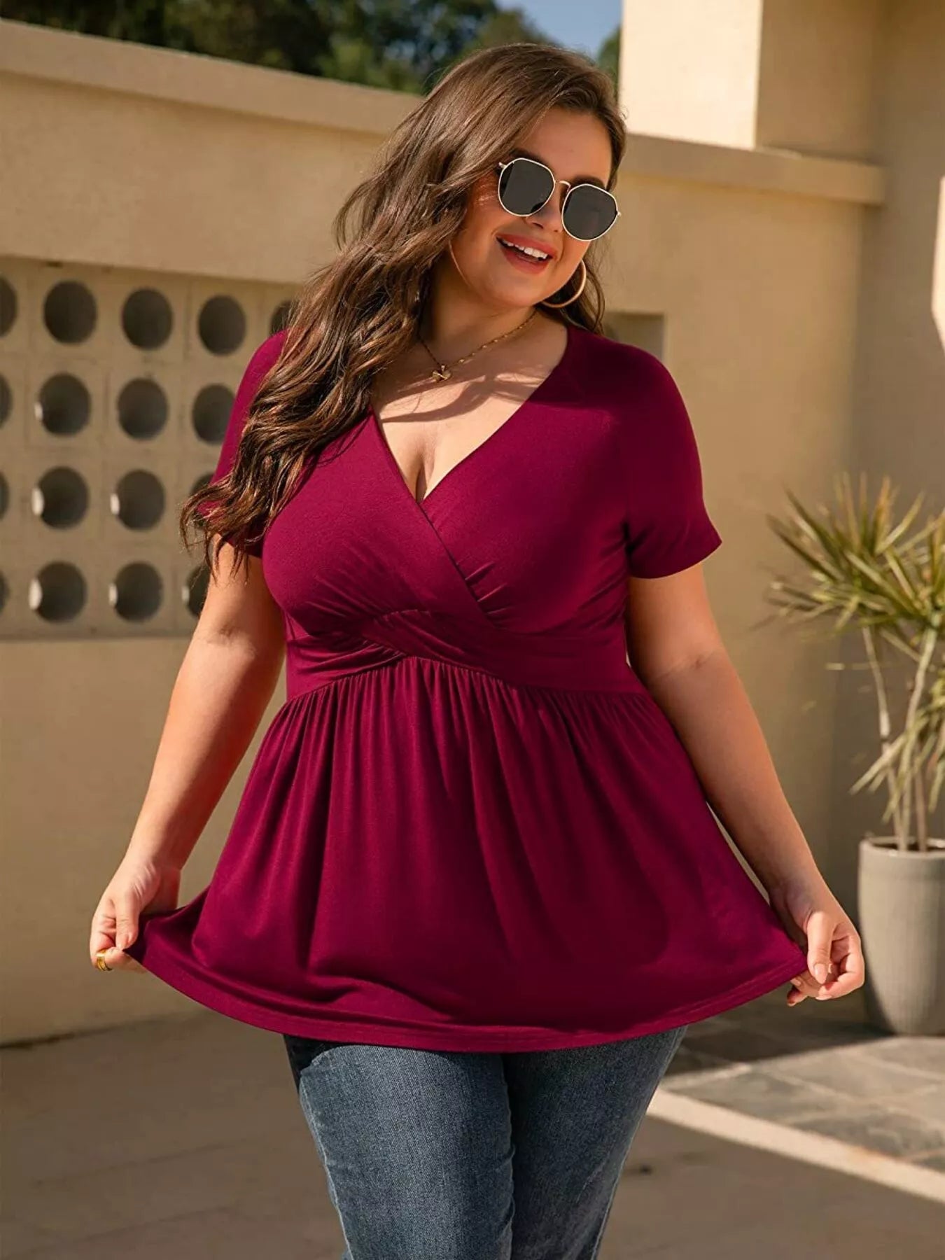 Sarah Express Women's Plus Size Surplice Short Sleeve T-Shirt Burgundy