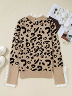 Sarah Express Women's Leopard Pattern Lace Ribbed Detail Button Cuffed Sweater