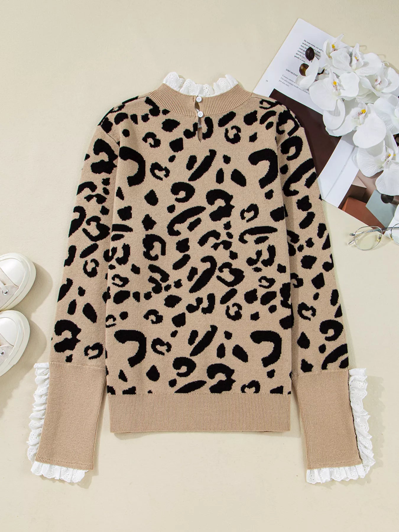 Sarah Express Women's Leopard Pattern Lace Ribbed Detail Button Cuffed Sweater