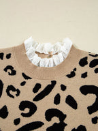 Sarah Express Women's Leopard Pattern Lace Ribbed Detail Button Cuffed Sweater