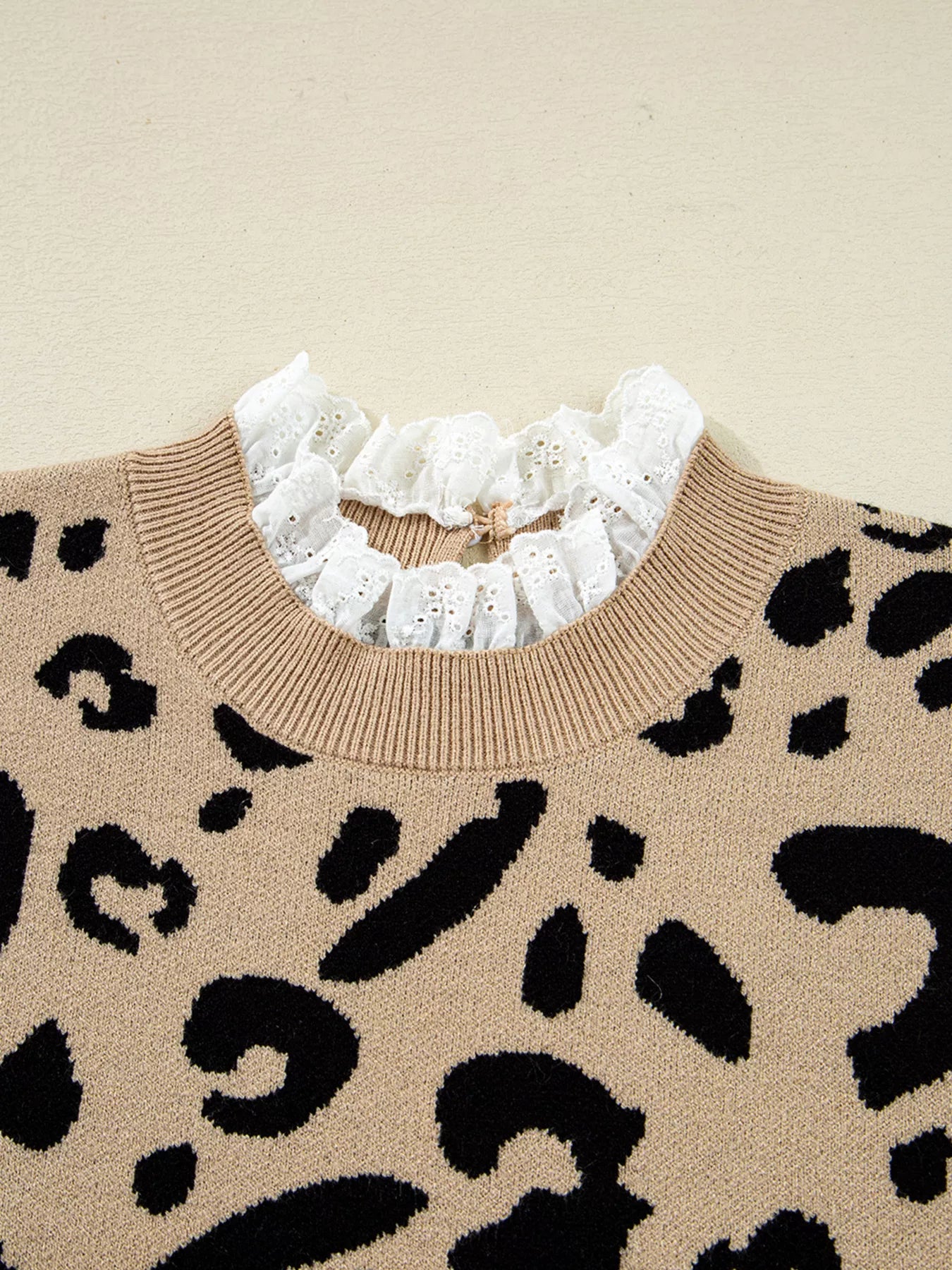 Sarah Express Women's Leopard Pattern Lace Ribbed Detail Button Cuffed Sweater