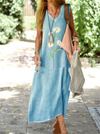 Sarah Express Cotton Linen Embroidered V-Neck Retro Midi Dress