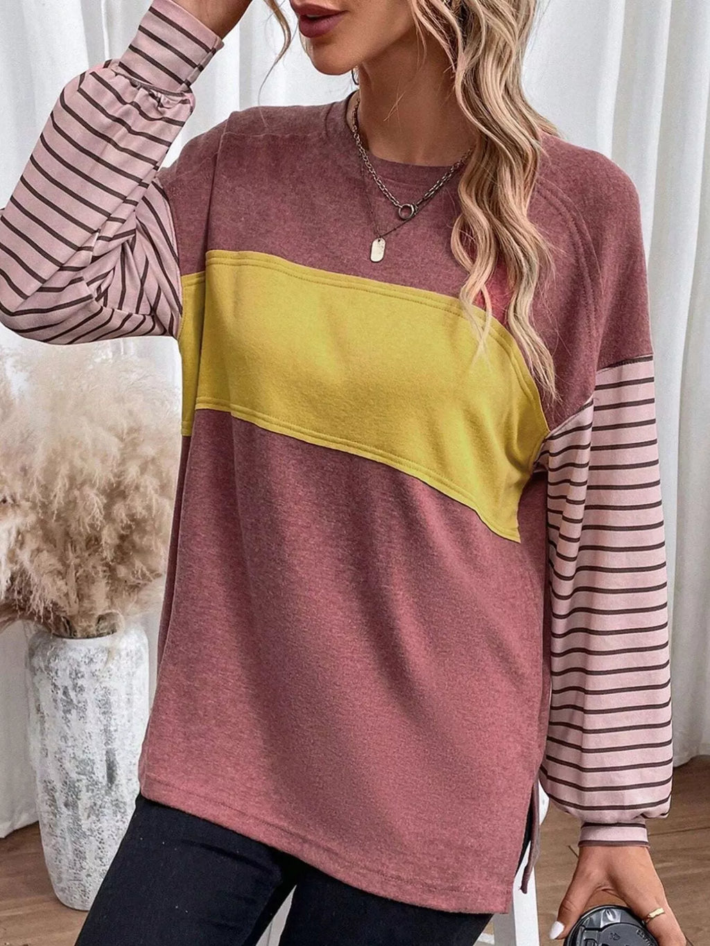Sarah Express Women's Striped Color Block Long Sleeve T-Shirt