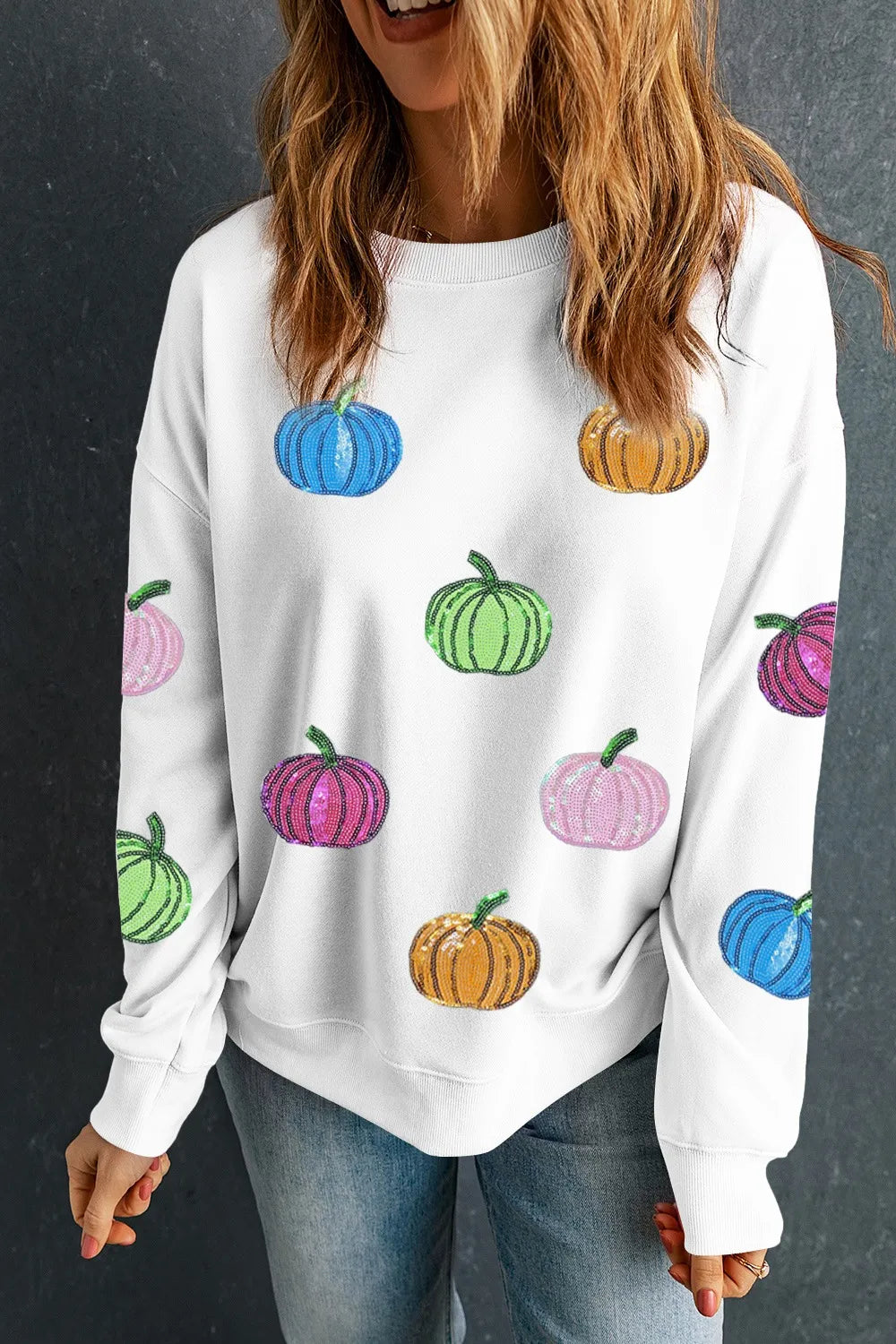 Sarah Express Women's Pumpkin Round Neck Long Sleeve Sweatshirt White