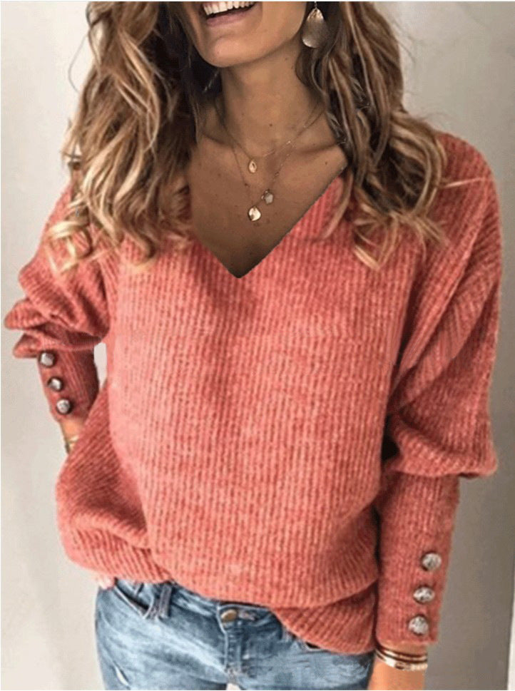 Women's Knitted V-Neck Long Sleeve T-Shirt Loose Fit