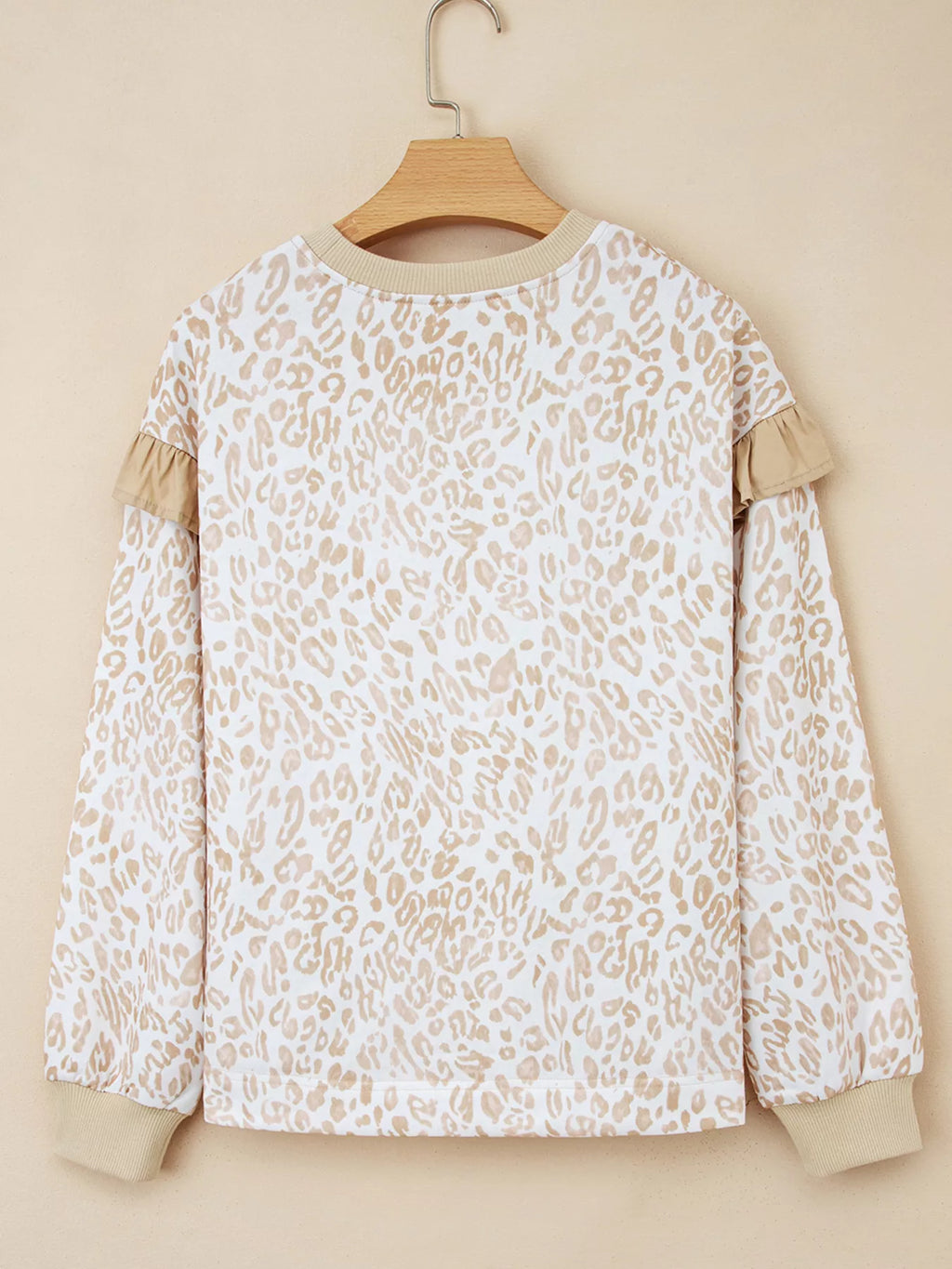 Sarah Express Women's Leopard Ruffle Detail Ribbed Trim Round Neck Sweatshirt