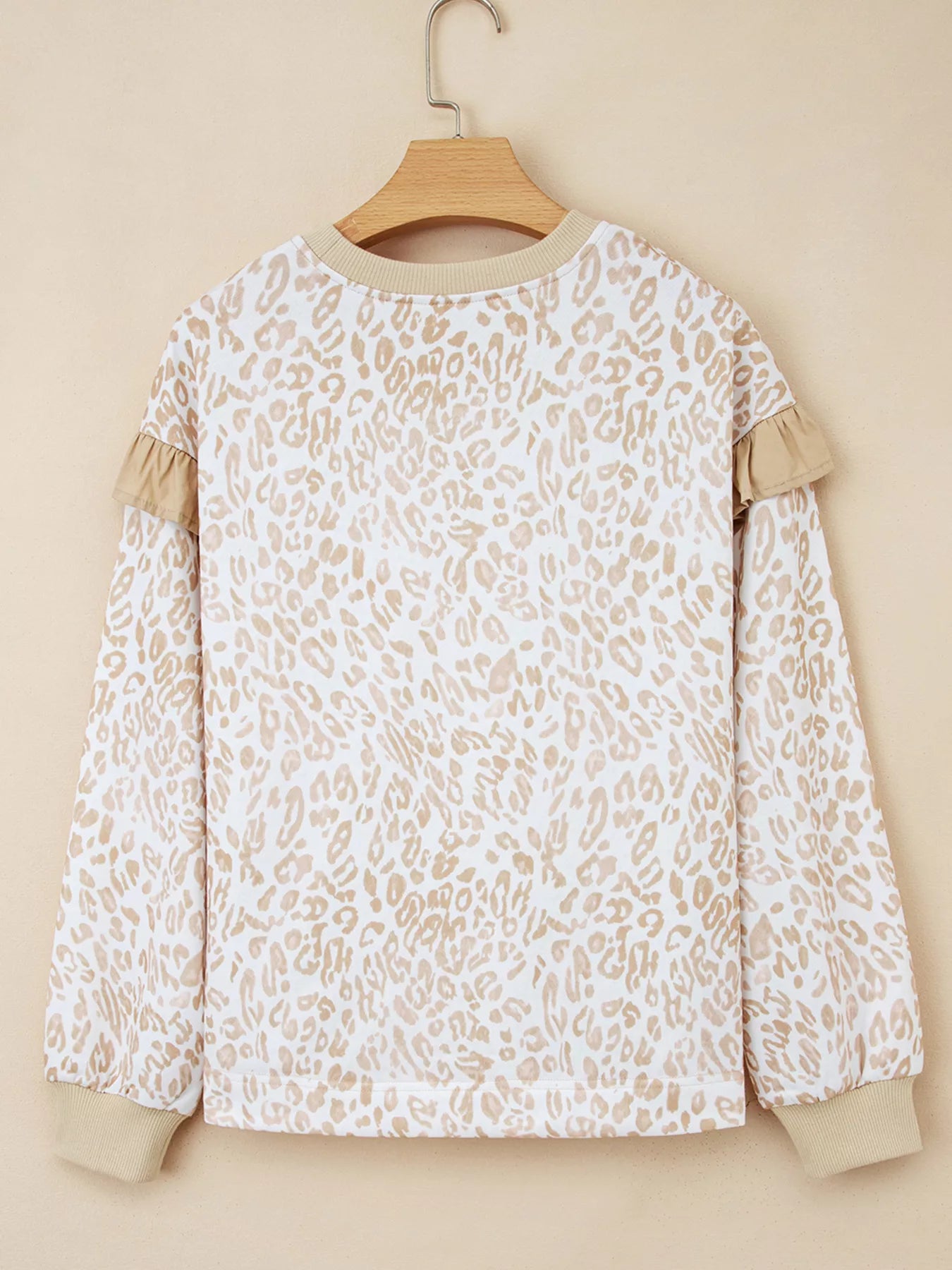 Sarah Express Women's Leopard Ruffle Detail Ribbed Trim Round Neck Sweatshirt