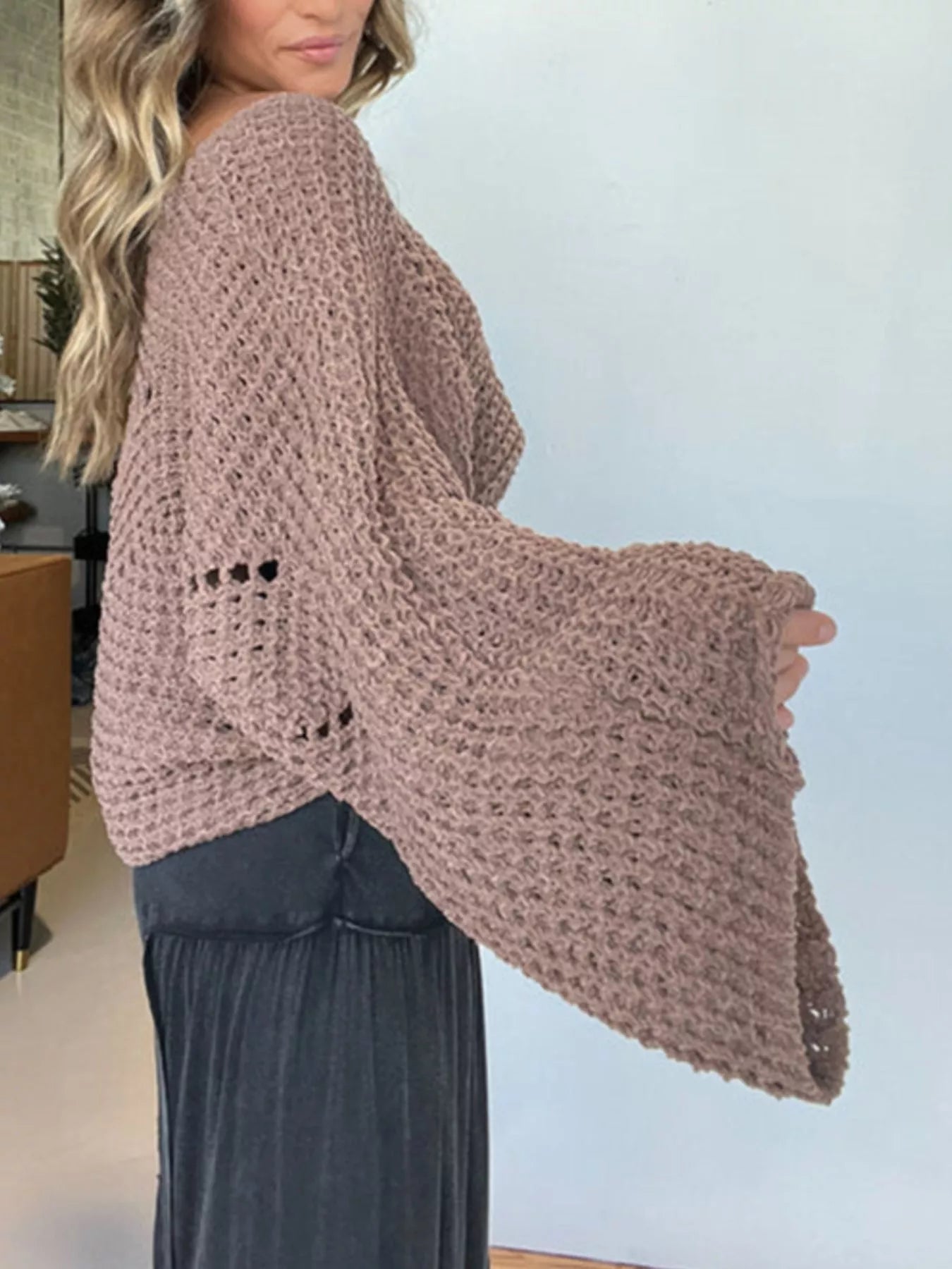 Sarah Express Women's Openwork Batwing Sleeve Sweater - Oversized Knit Top