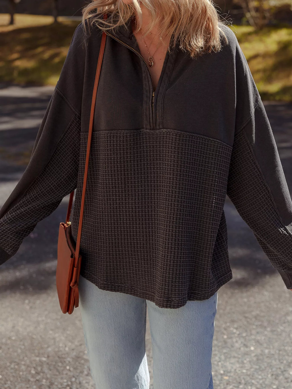 Sarah Express Women's Waffle Knit Patchwork Half Zip Casual Sweatshirt