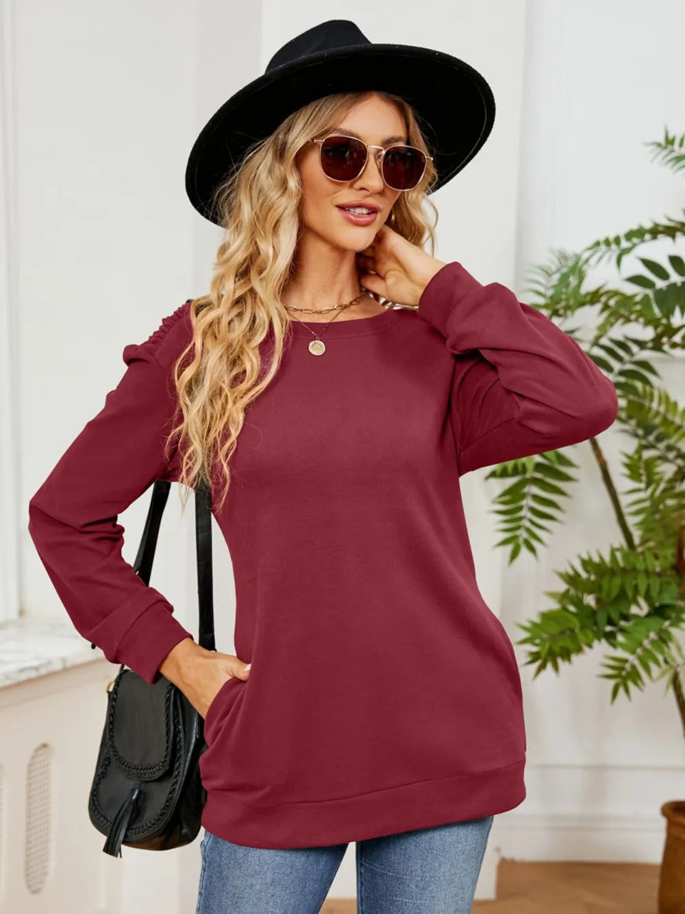 Sarah Express Women's Ruched Shoulder Round Neck Long Sleeve Sweatshirt Burgundy