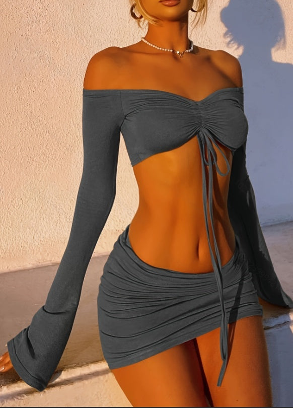 Women's Drawstring Lace Crop Top & Skirt Set - Bell Sleeve Two-Piece Party Outfit