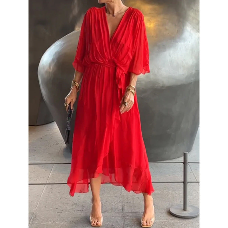 Women's Batwing Sleeve V-Neck Dress Summer Tie Detail Irregular Hem Mid-Length Fairy Dress