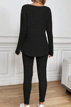 Sarah Express Women's Notched Long Sleeve Top and Pants Set