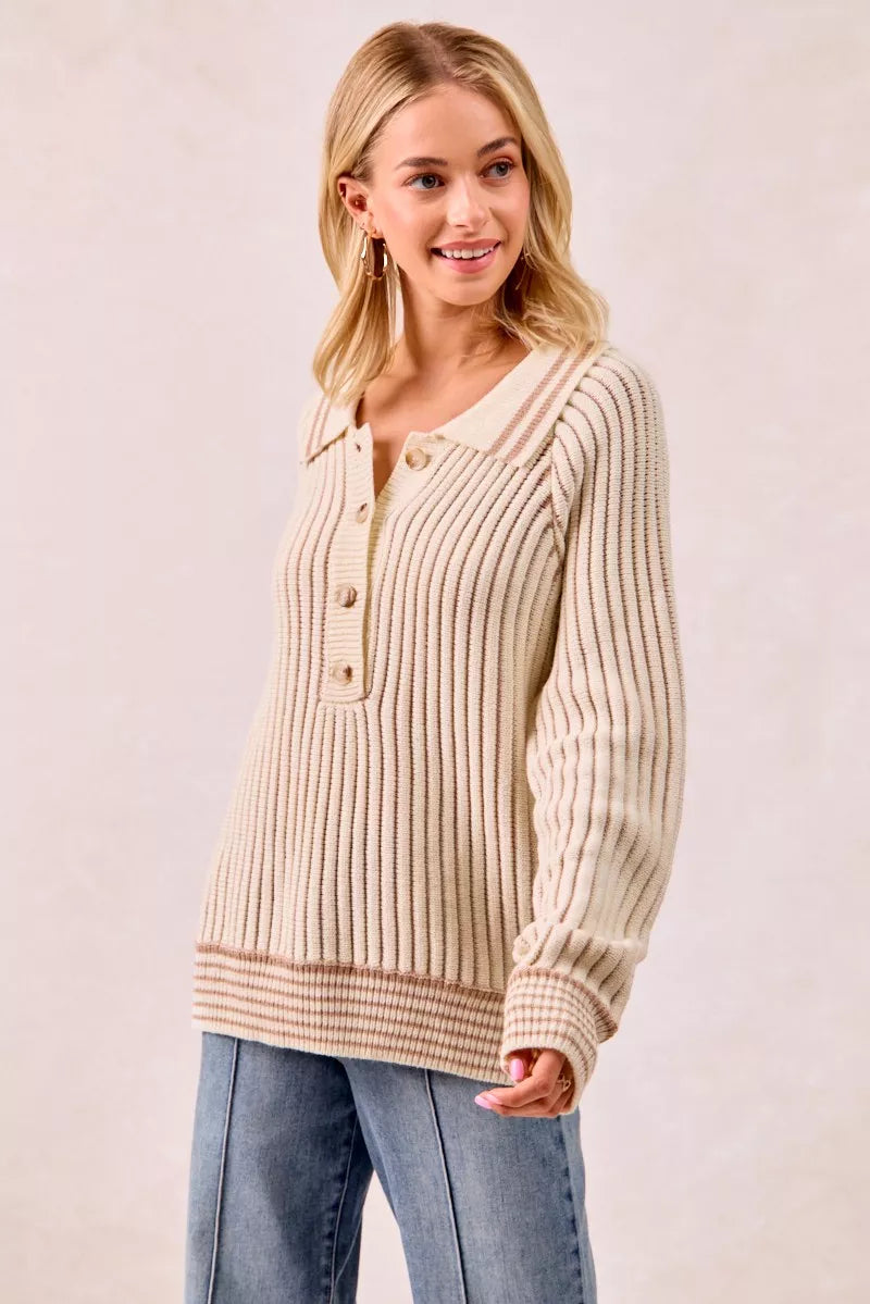 Sarah Express Women’s Two Tone Ribbed Sweater with Half Button Collar