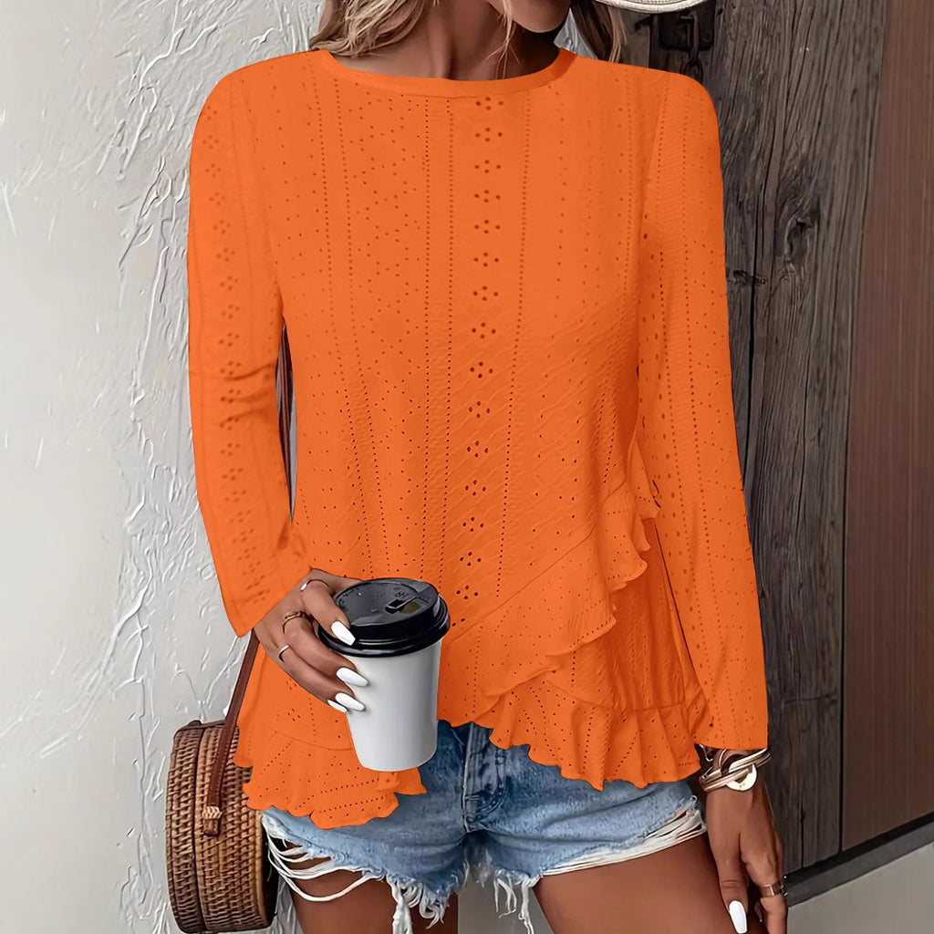 Women's Solid Color Long Sleeve Pullover Top Round Neck Loose Fit