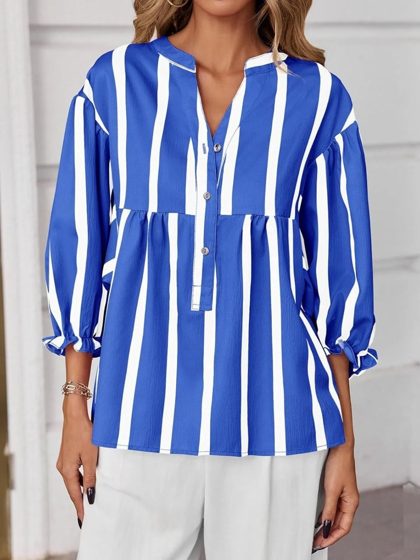 Sarah Express Women's Striped Button Front Notched Blouse