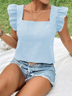 Sarah Express Women's Gingham Ruffle Sleeve Square Neck Blouse