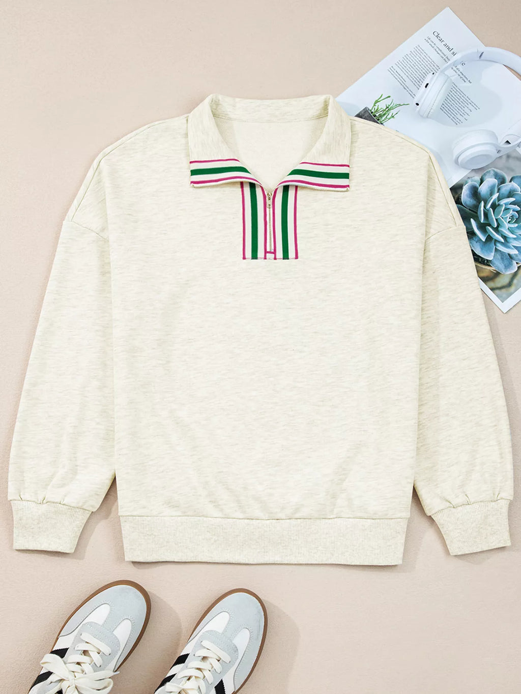 Sarah Express Women's Contrast Striped Patchwork Zip Collar Sweatshirt