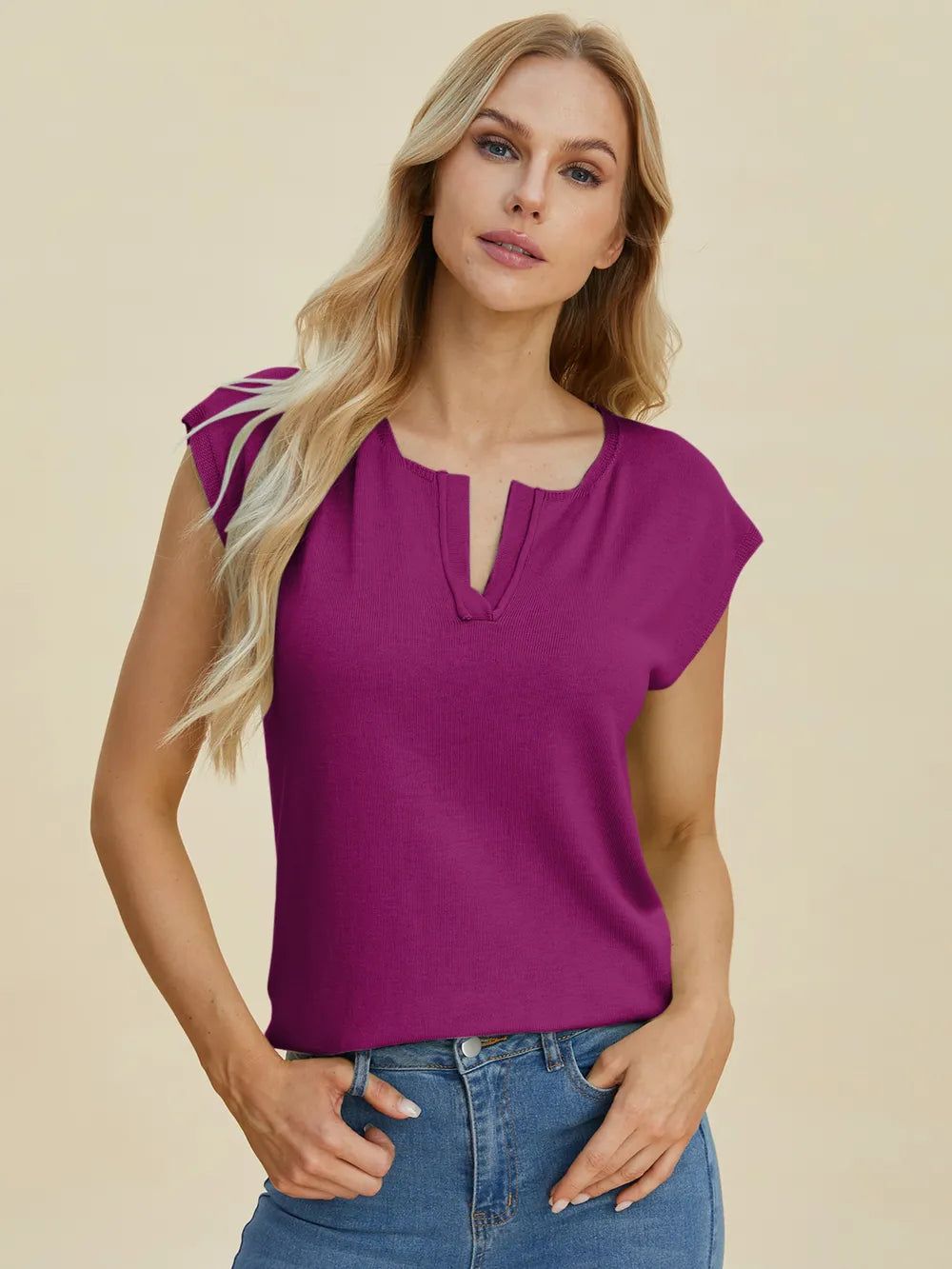 Sarah Express Women's Double Take Notched Cap Sleeve Knit Top Deep Purple