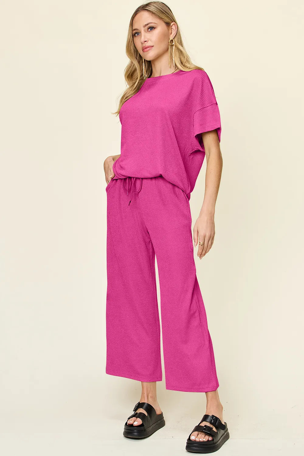 Sarah Express Women's Textured Round Neck T-Shirt and Wide Leg Pants Set Hot Pink