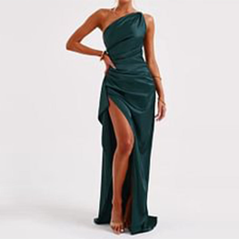 One Shoulder Backless Slit Satin Maxi Dress Women's Evening Party