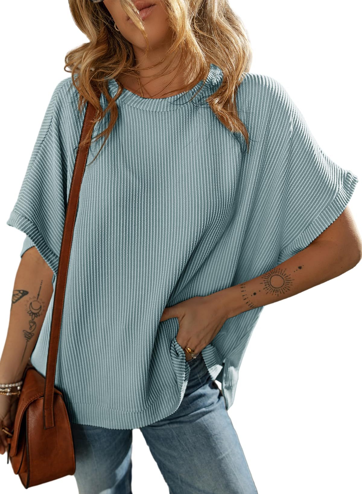Solid Color Knitted T-Shirt Women's Half Sleeve Loose Casual Pullover Top