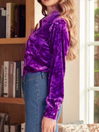 Sarah Express Women's Velvet Button-Down Long Sleeve Shirt