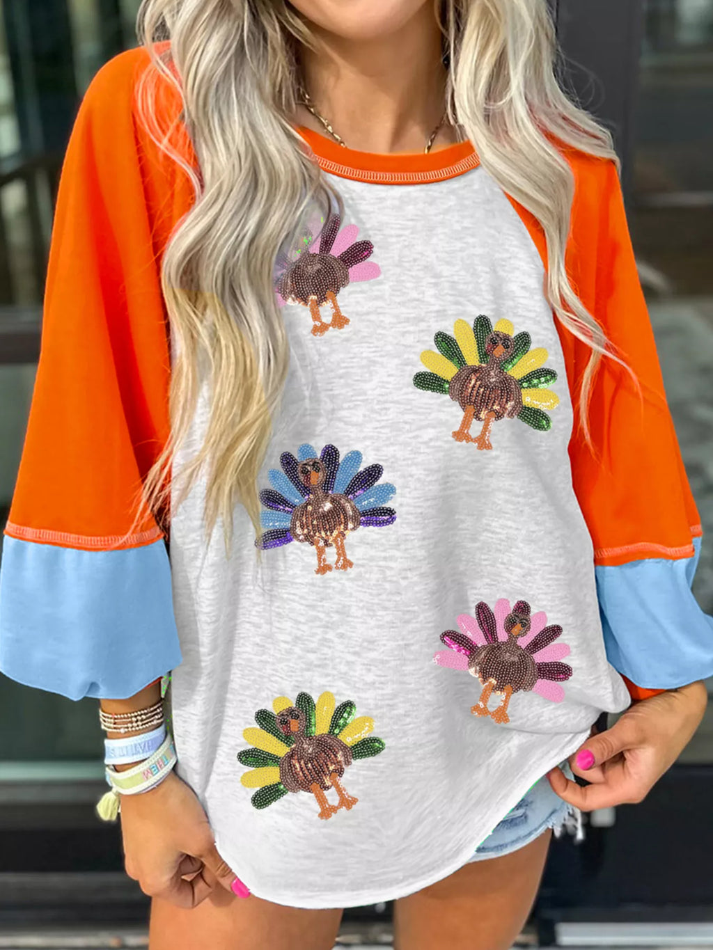 Sarah Express Women's Thanksgiving Turkey Sequin Color Block Raglan Sleeve Top Orange