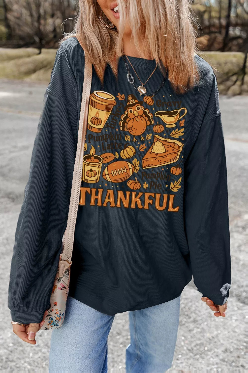 Sarah Express Women's Thankful Thanksgiving Graphic Long Sleeve Sweatshirt Dark Gray