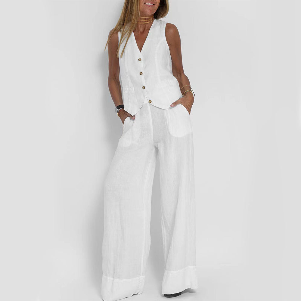 Women's V-Neck Button Vest and Straight Pants Two Piece Set