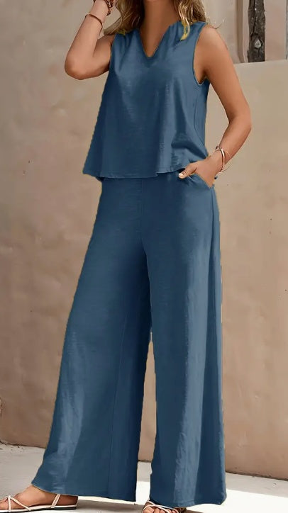 V Neck Tank Top Wide Leg Pants Set with Pockets Sleeveless 2 Piece