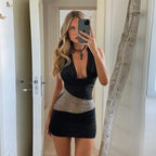 Sarah Express Women's Sequin Mesh Deep U-Neck Halter Mini Dress High Waist