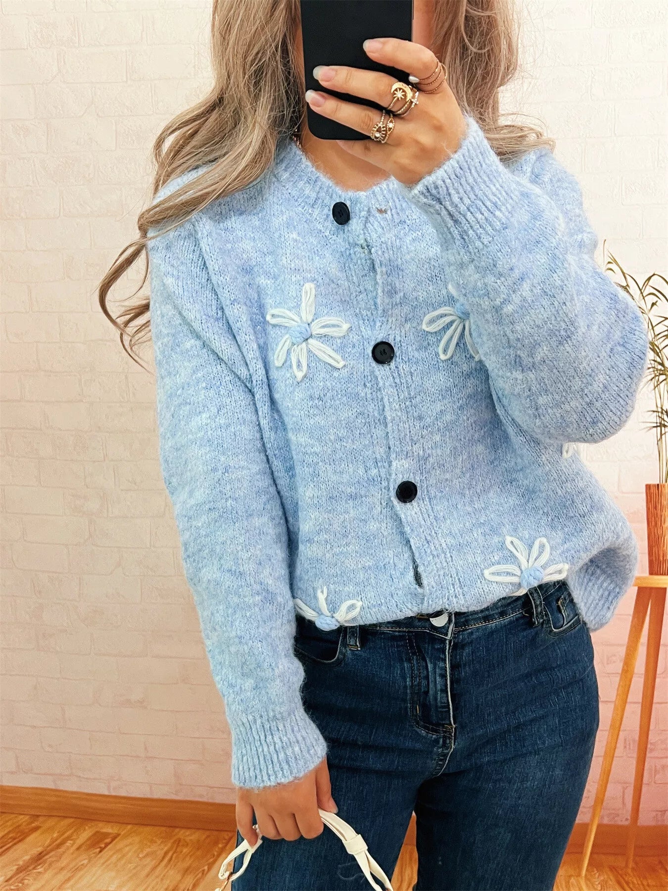 Sarah Express Women's Flower Button-Down Cardigan Blue One Size